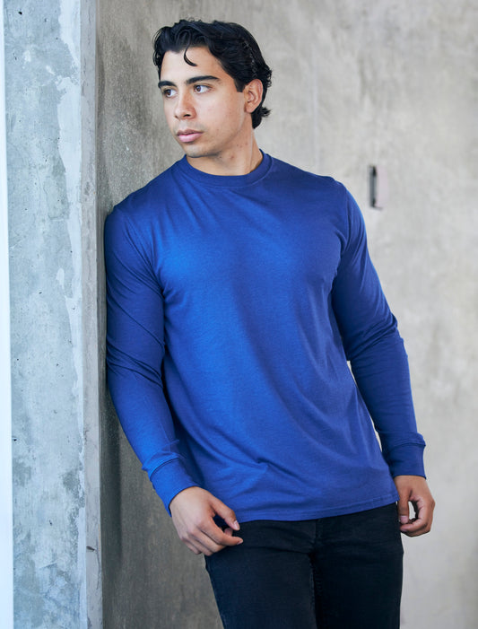 Men's long sleeve T-shirt by Spun Bamboo made of bamboo viscose and organic cotton, shown in a natural beige color.