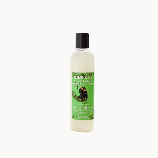 Spearmint eucalyptus revitalizing shampoo by Flower Child Loc Care LLC showing fresh green bottle and natural ingredients.