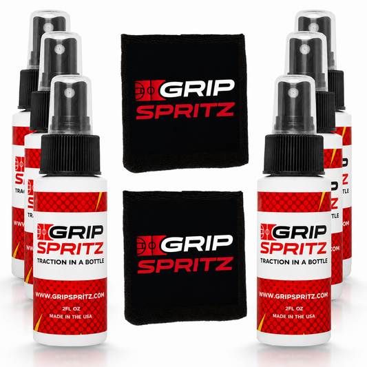Six bottles of Grip Spritz basketball shoe grip spray with two spritz mitts, designed to enhance traction on sports shoes.