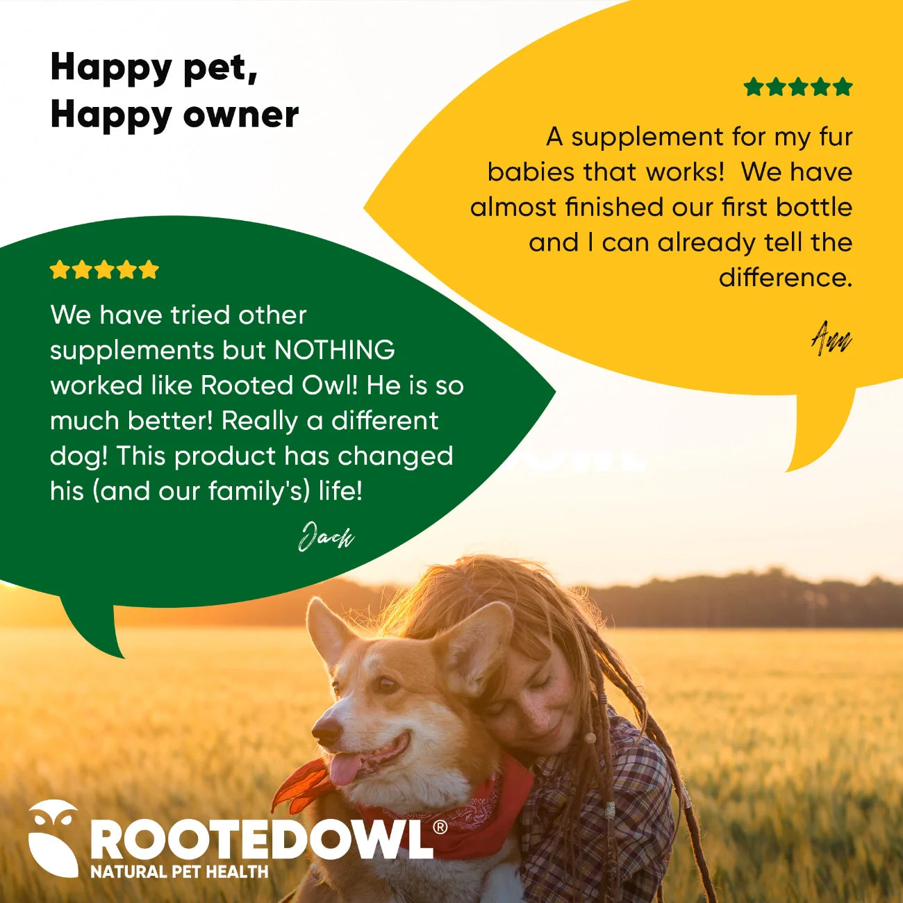 Rooted Owl Pet Supplements joint and muscle health supplement for cats and small dogs, showing the product packaging and capsules.