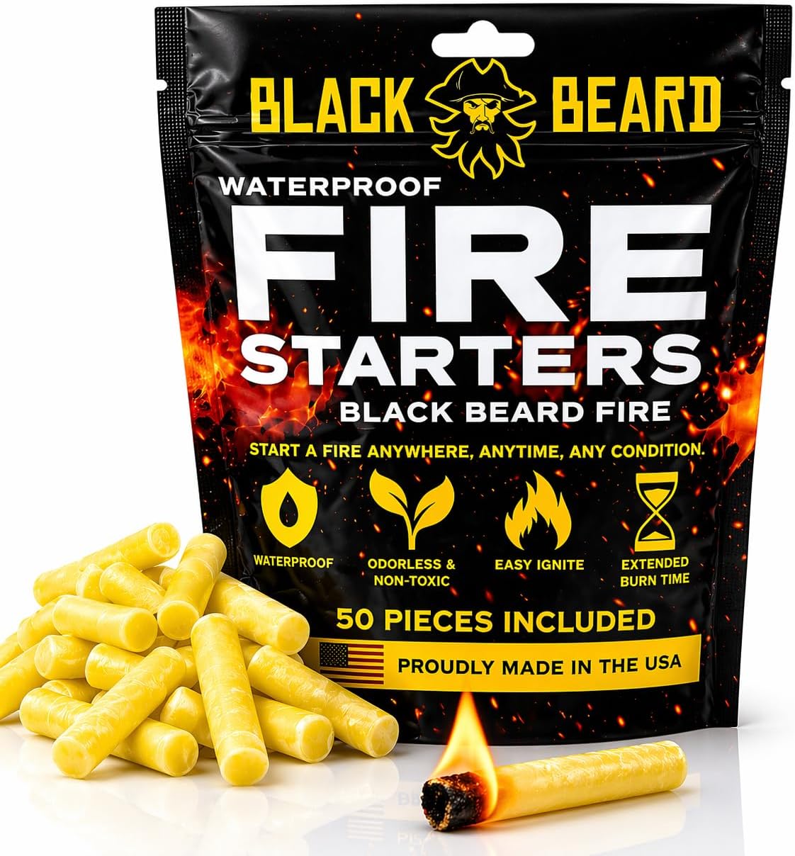 Black Beard Fire Plugs "Fire Starter" by Americana Pipedream Apparel, showing a close-up of the black fire starter plugs on a neutral background.