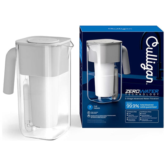 Culligan with ZeroWater Technology 7-Cup Water Filter Pitcher – Includes 5-Stage Advanced Water Filter, IAPMO Certified to Reduce Lead, Total PFAS (Forever Chemicals), Mercury, Fluoride, and Chlorine