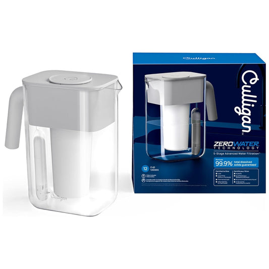 Culligan with ZeroWater Technology 12-Cup Water Filter Pitcher – Includes 5-Stage Advanced Water Filter, IAPMO Certified to Reduce Lead, Total PFAS (Forever Chemicals), Mercury, Fluoride, and Chlorine