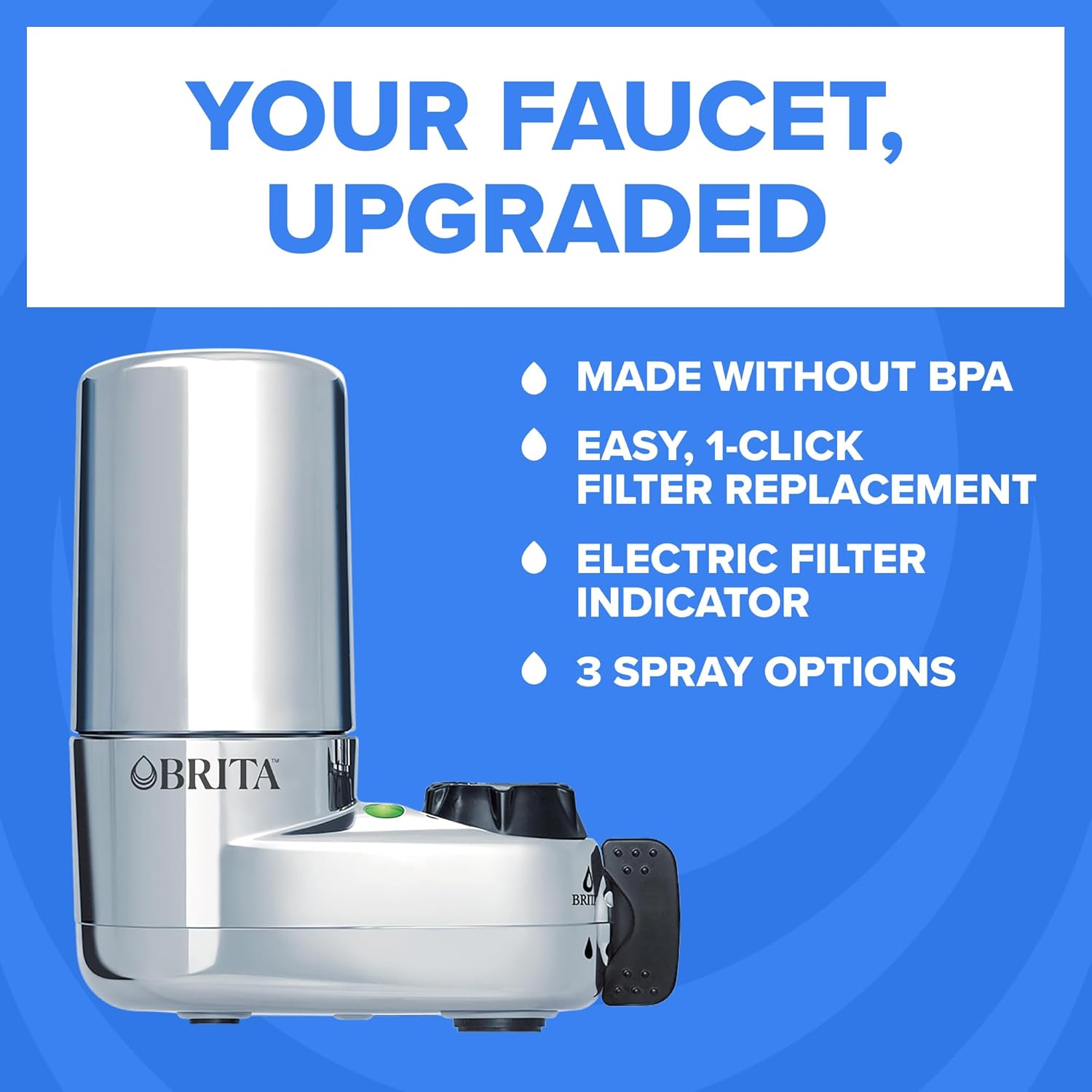 Brita Faucet Mount Water Filter System, Chrome, No-Wait Filtration, Easy Install, Multi-Use Tap Water Filter for Kitchens, Bathrooms & Small Spaces