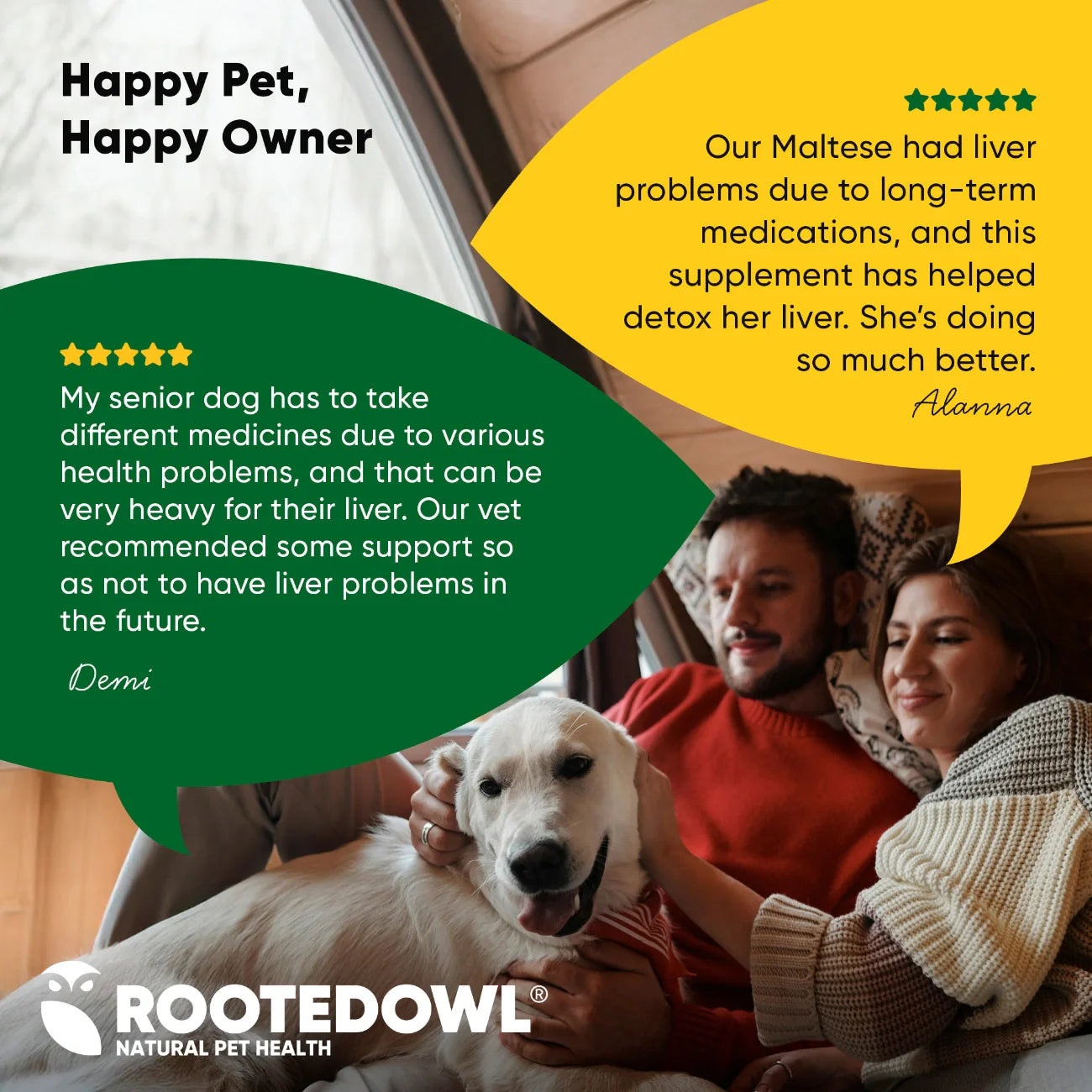 Dog liver support supplement from Rooted Owl Pet Supplements, showing the product bottle and packaging for dogs.