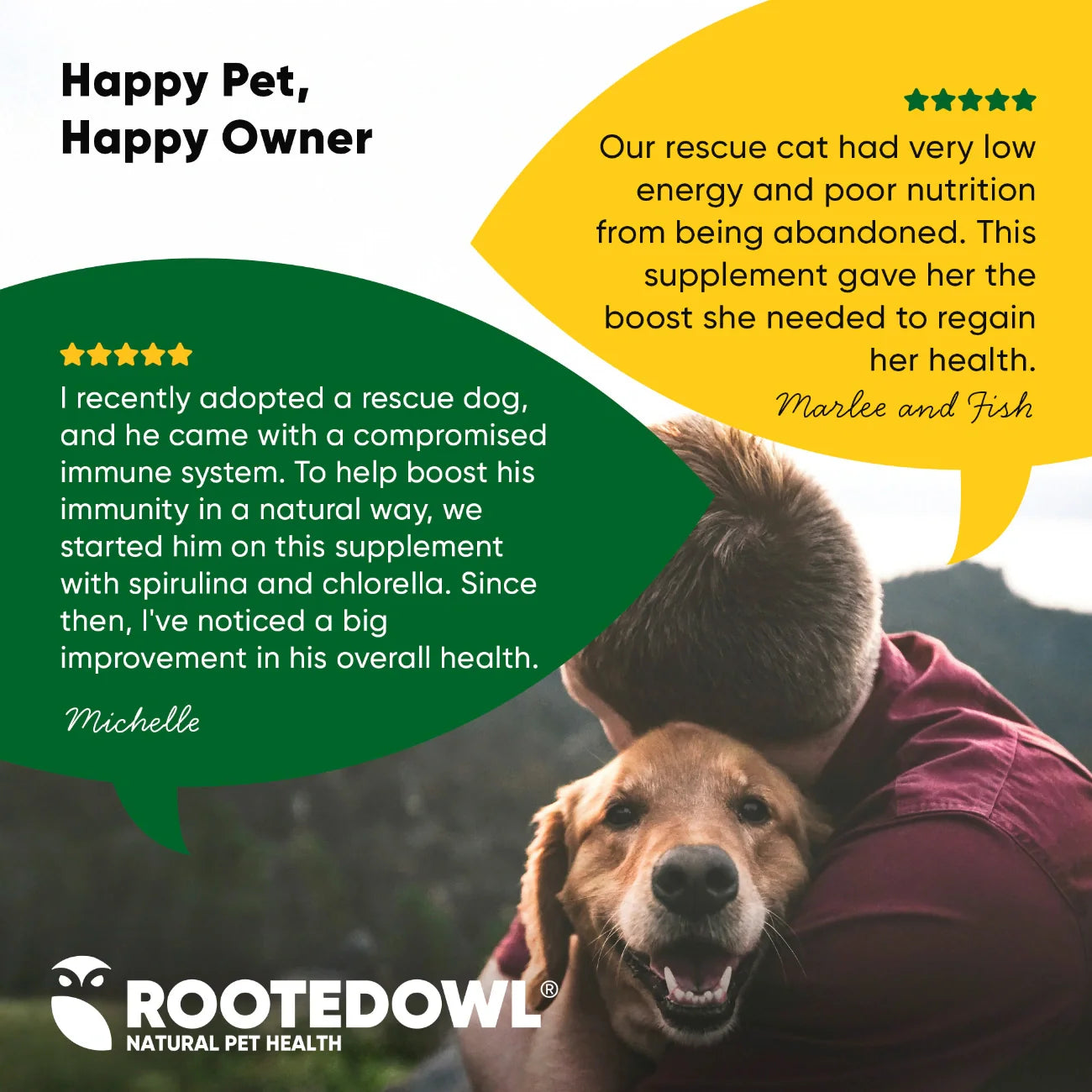 Bottle of Rooted Owl Pet Supplements Spirulina & Chlorella powder for cats and dogs, with fresh green spirulina and chlorella algae visible.