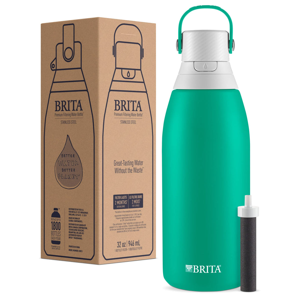 Brita Insulated Filtered Water Bottle with Straw, Reusable, Stainless Steel Metal, Blue Jay, 20 Ounce