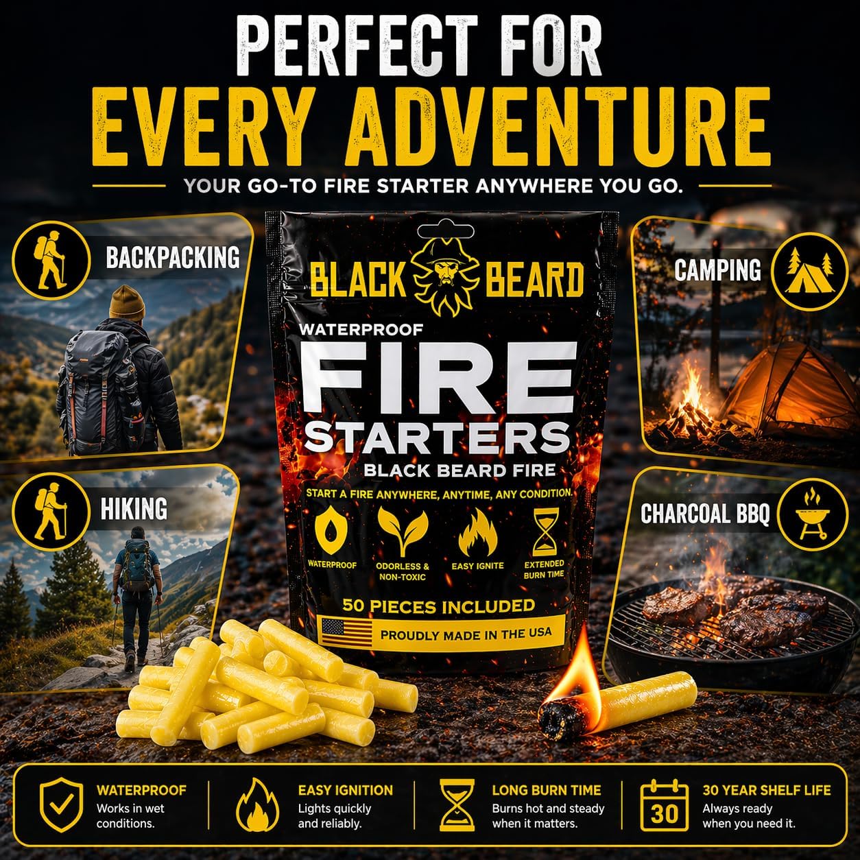 Black beard fire plugs "Fire Starter" from Americana Pipedream Apparel, featuring a rugged design with black and metallic accents.