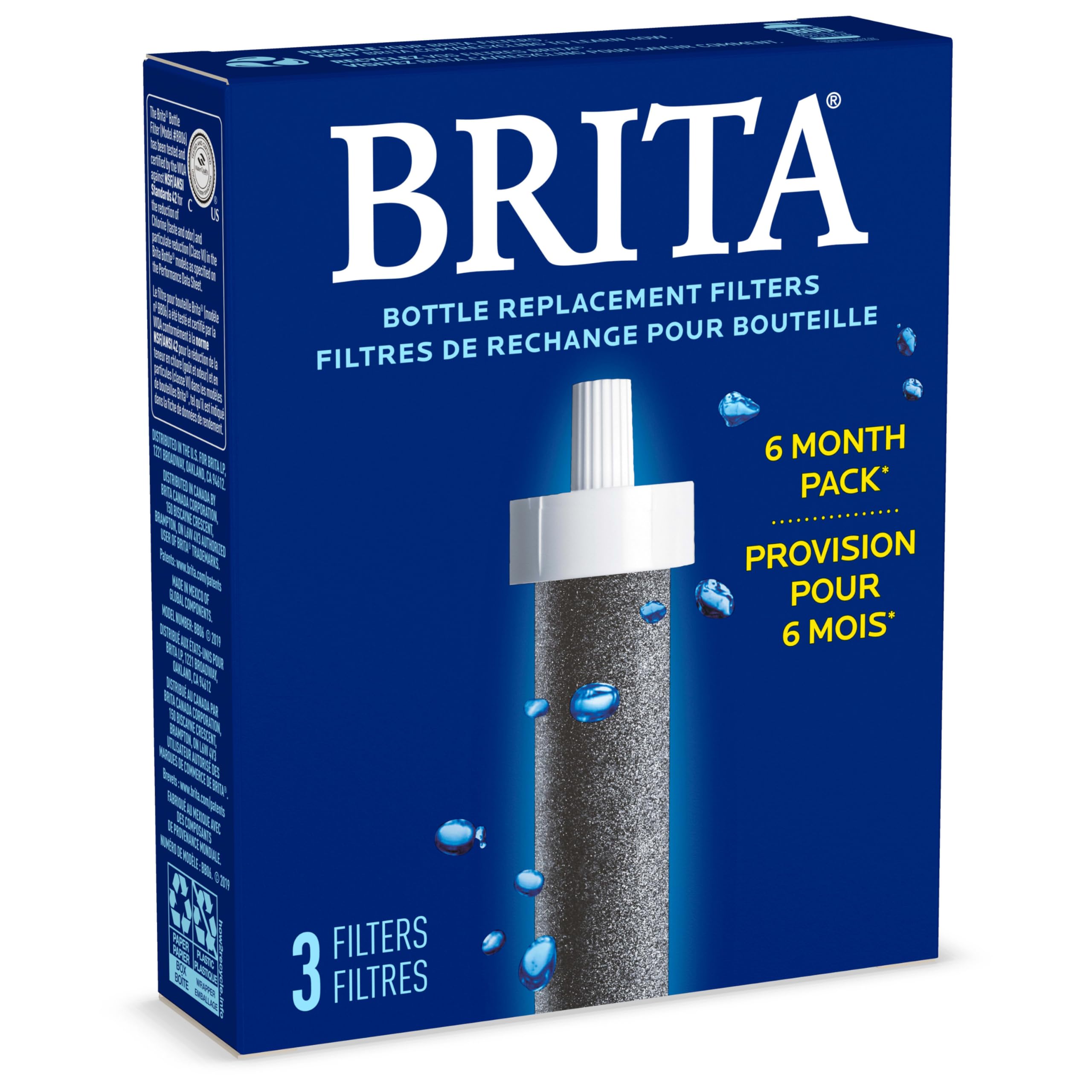 Brita Water Bottle Replacement Filters, BPA-Free, Replaces 1,800 Plastic Water Bottles a Year, Lasts Two Months or 40 Gallons, Includes 3 Filters
