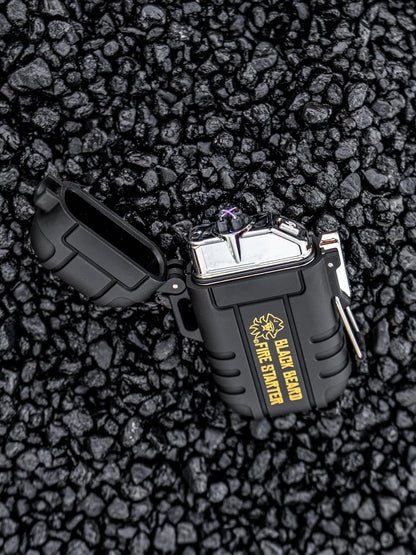 Black beard arc lighter from Americana Pipedream Apparel showing the sleek, portable electric lighter with a curved design.