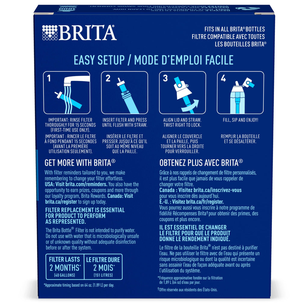 Brita Water Bottle Replacement Filters, BPA-Free, Replaces 1,800 Plastic Water Bottles a Year, Lasts Two Months or 40 Gallons, Includes 3 Filters
