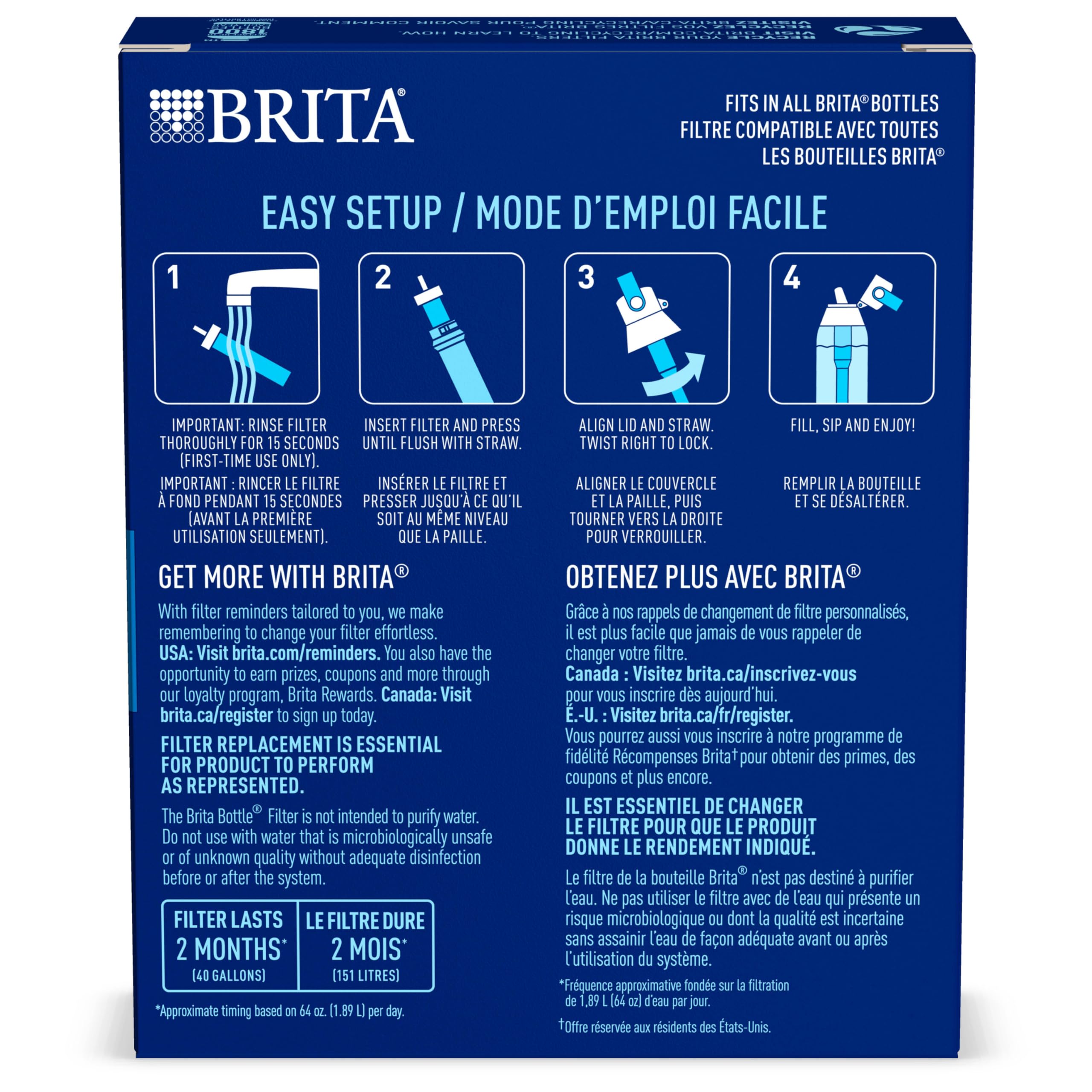 Brita Water Bottle Replacement Filters, BPA-Free, Replaces 1,800 Plastic Water Bottles a Year, Lasts Two Months or 40 Gallons, Includes 3 Filters