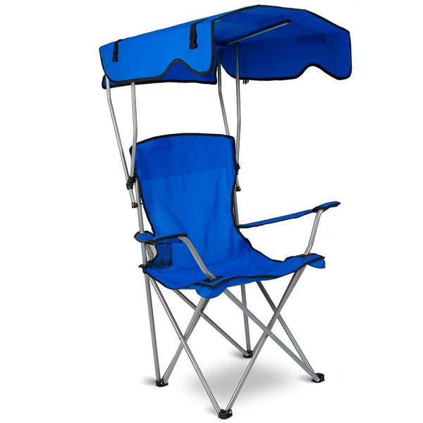 GemGear foldable beach canopy chair with cup holder, sun protection, folding seat, suitable for camping, poolside, and picnics.