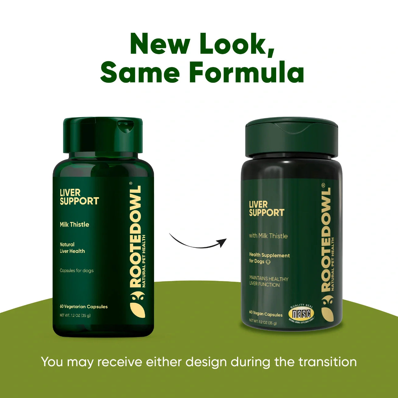 Dog liver support supplement by Rooted Owl Pet Supplements in a bottle with label and capsules on a white background.