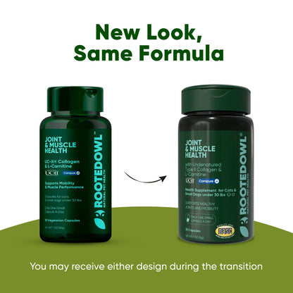 Rooted Owl Pet Supplements joint and muscle health supplement for cats and small dogs, showing the product bottle and packaging.