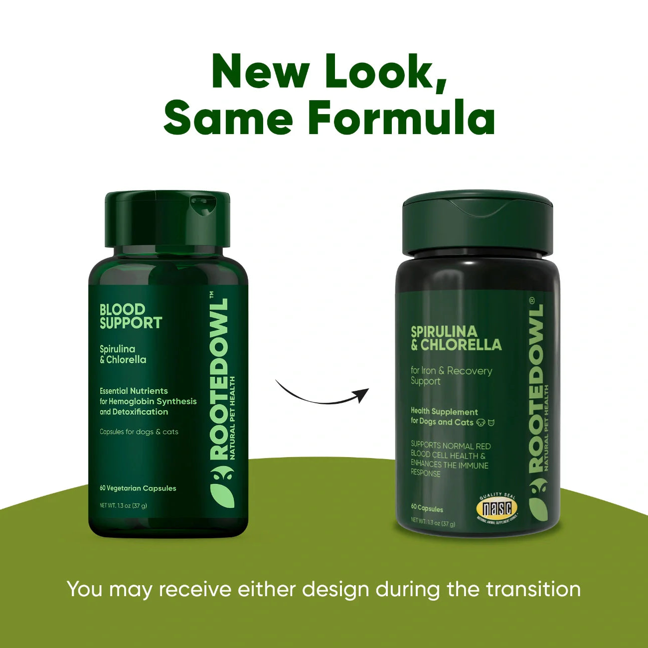 Spirulina and chlorella supplement for cats and dogs by Rooted Owl Pet Supplements, showing the product packaging and green algae ingredients.