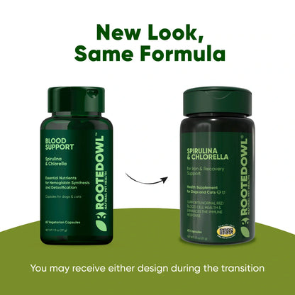 Spirulina and chlorella supplement for cats and dogs by Rooted Owl Pet Supplements, showing the product packaging and green algae ingredients.
