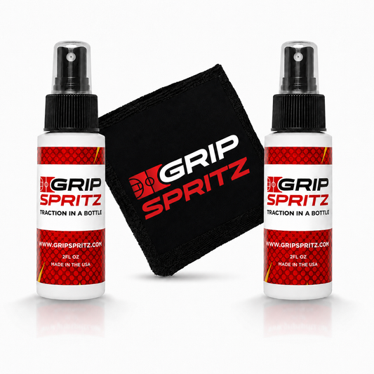 Grip Spritz basketball shoe grip spray bundle with two bottles and spritz mitt for improved traction during sports activities.