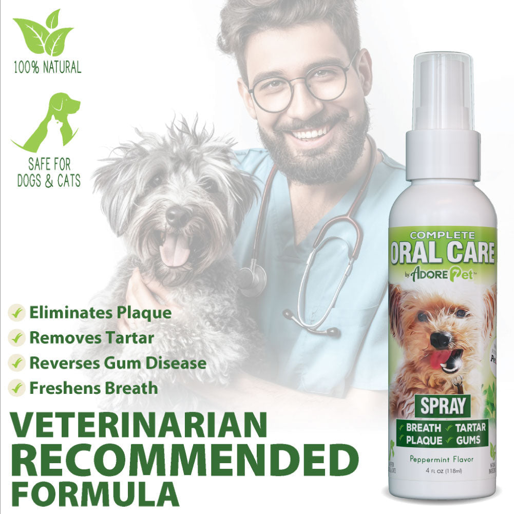 Adore Pet Oral Care Spray bottle with nozzle, designed for pet dental hygiene, white and blue packaging.