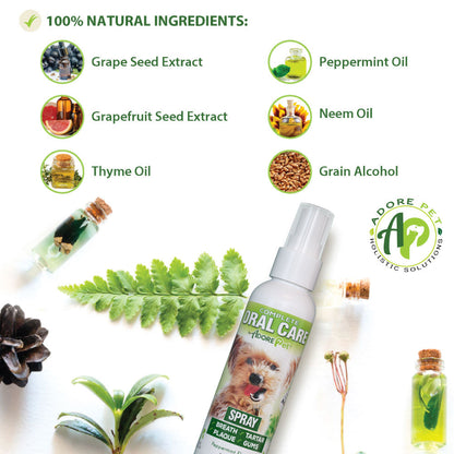 Adore Pet oral care spray bottle with a white and blue label, designed for pet dental hygiene, shown on a white background.