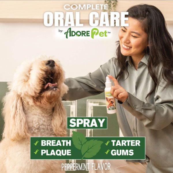 Adore Pet oral care spray for pets with a white bottle and nozzle, designed to freshen breath and promote oral health.