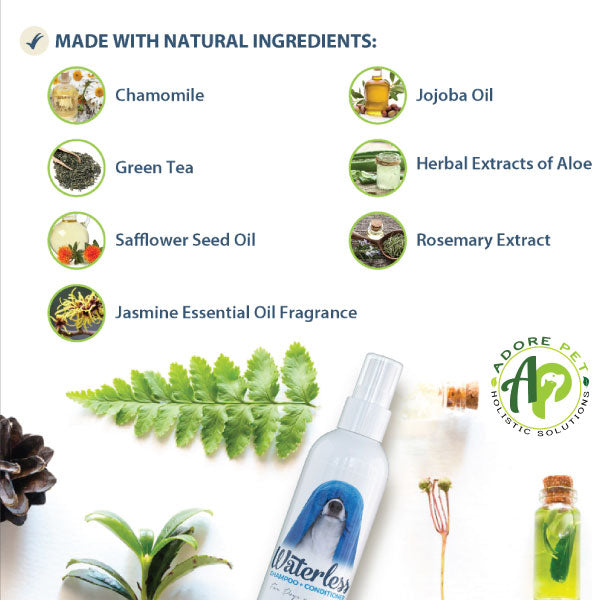 Adore Pet waterless shampoo and conditioner bottle, ideal for quick pet grooming and cleaning without water.