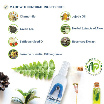 Adore Pet waterless shampoo and conditioner bottle, ideal for quick pet grooming and cleaning without water.