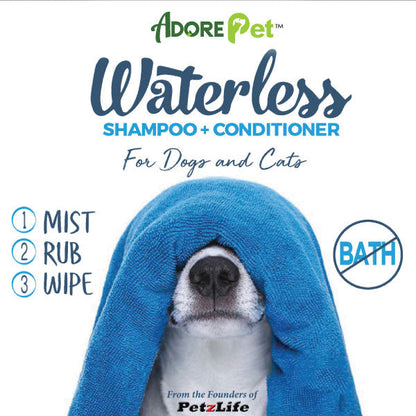 Adore Pet waterless shampoo and conditioner bottle, suitable for quick pet grooming without water, in a compact bottle.