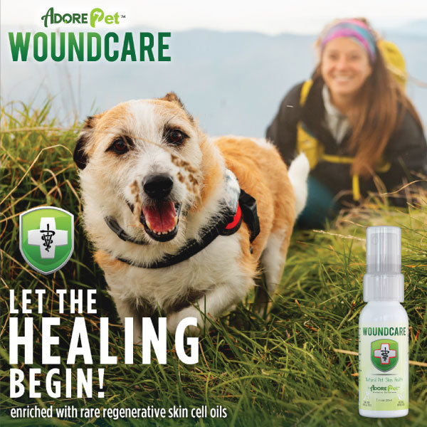 Adore Pet wound care product in a white tube with blue and red accents, designed for pet wound treatment.