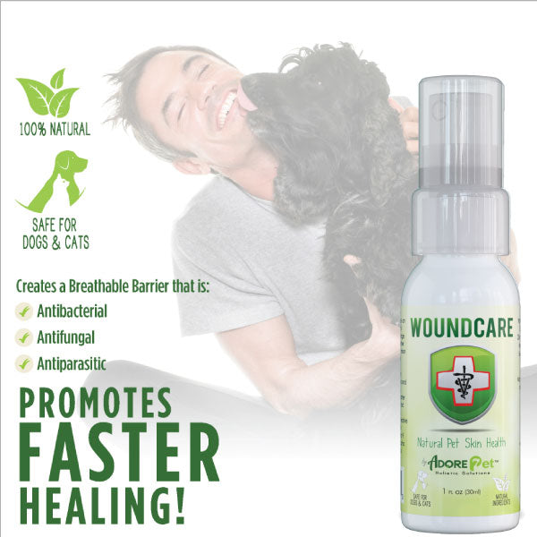 Adore Pet Wound Care ointment tube for pet wounds with soothing, healing formula, displayed next to a clean, bandaged pet paw.
