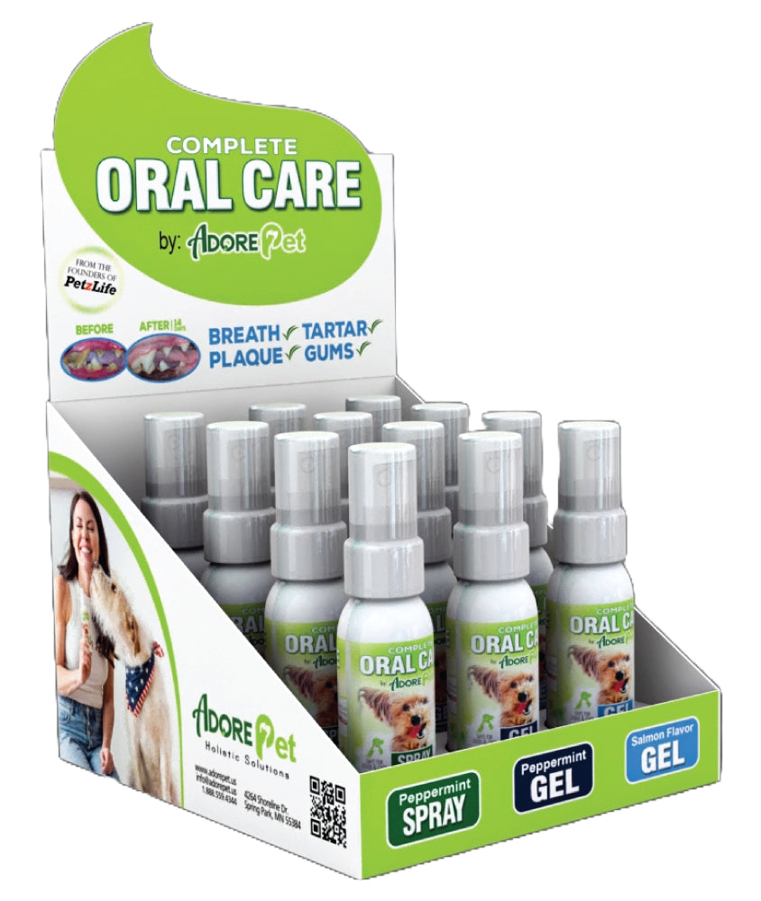 Adore Pet 1 oz. oral care bottle for pets, showing the small container with label and cap, designed for dental hygiene.