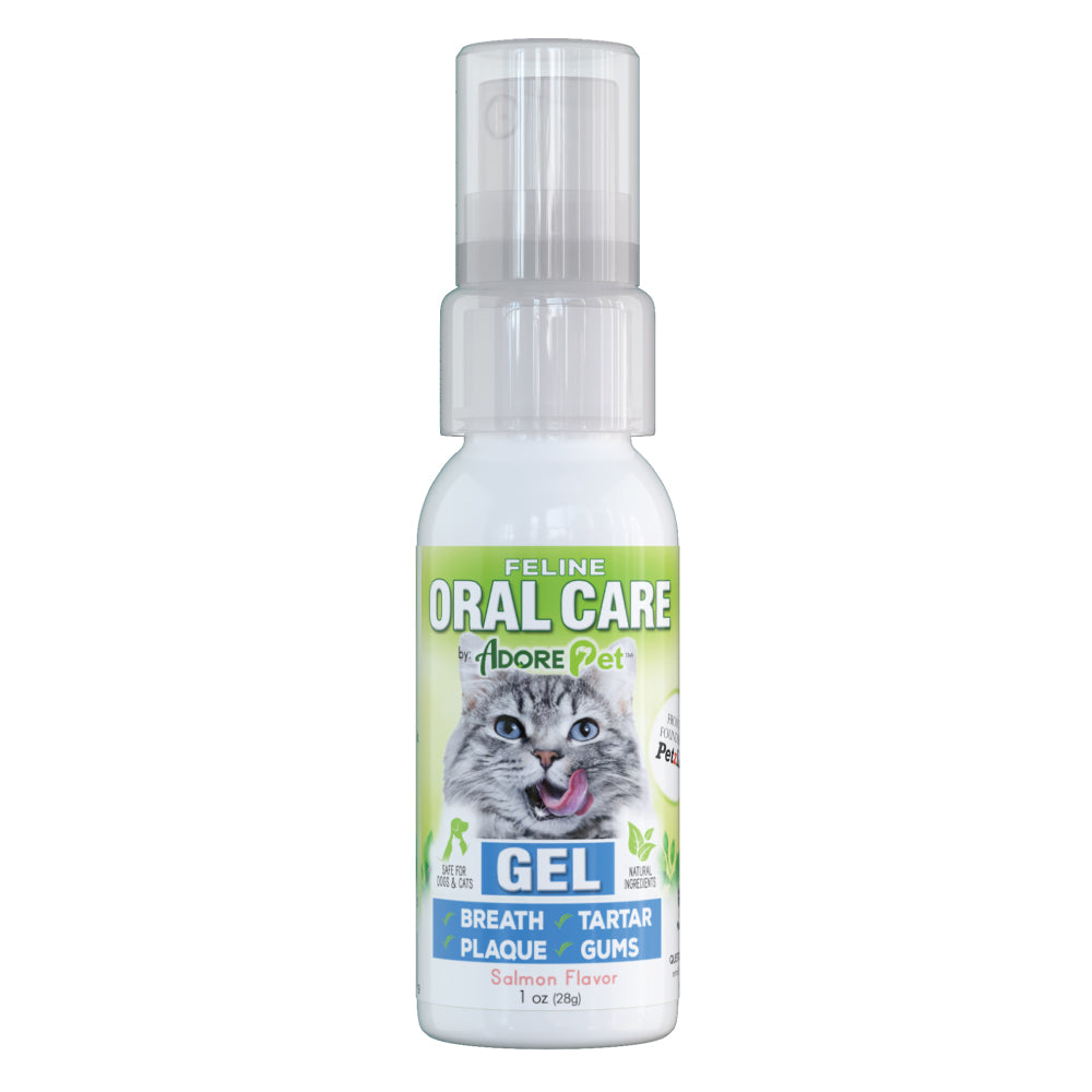 Adore Pet feline oral care gel in a 1 oz tube, designed for maintaining pet dental health and fresh breath.