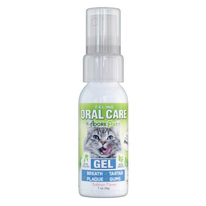 Adore Pet feline oral care gel in a 1 oz tube, designed for maintaining pet dental health and fresh breath.