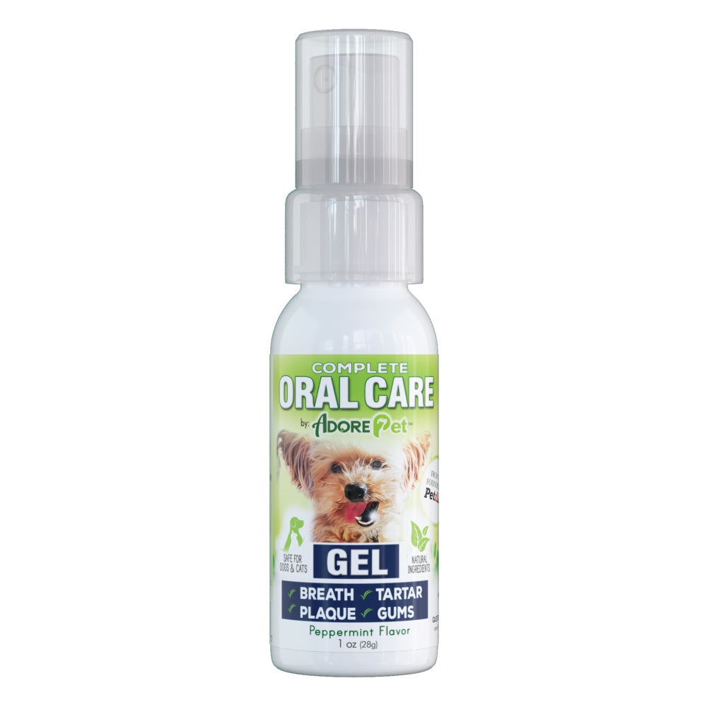 Adore Pet oral care peppermint gel in a 1 oz tube for pets' dental health and fresh breath.