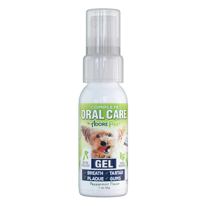 Adore Pet oral care peppermint gel in a 1 oz tube for pets' dental health and fresh breath.
