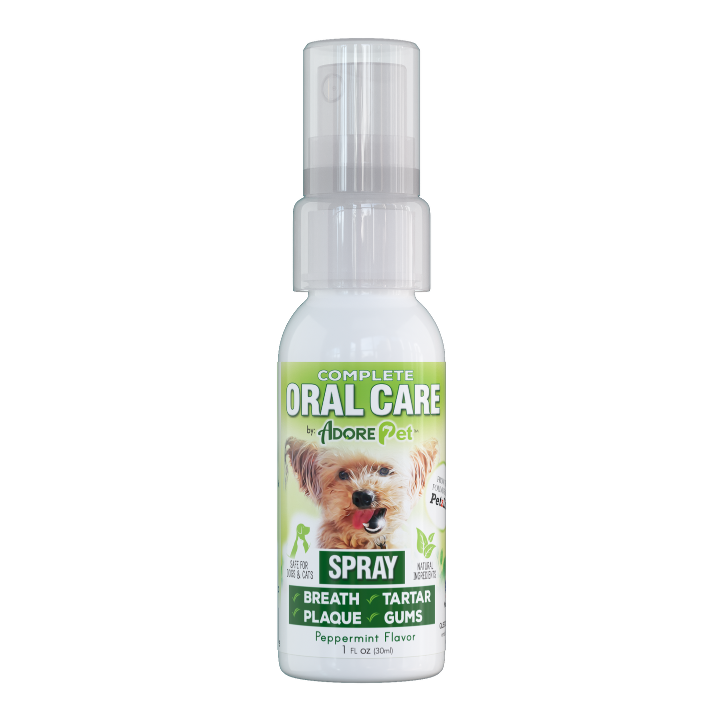 Adore Pet oral care peppermint spray in 1 oz. bottle, designed for freshening pet's breath and maintaining oral health.
