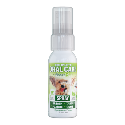 Adore Pet oral care peppermint spray in 1 oz. bottle, designed for freshening pet's breath and maintaining oral health.