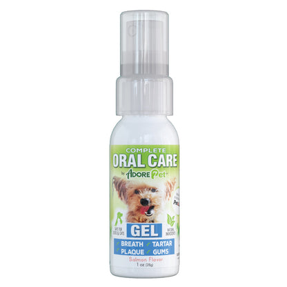 Adore Pet salmon-flavored oral care gel in a 1 oz. tube for pets, designed to promote dental health and freshen breath.