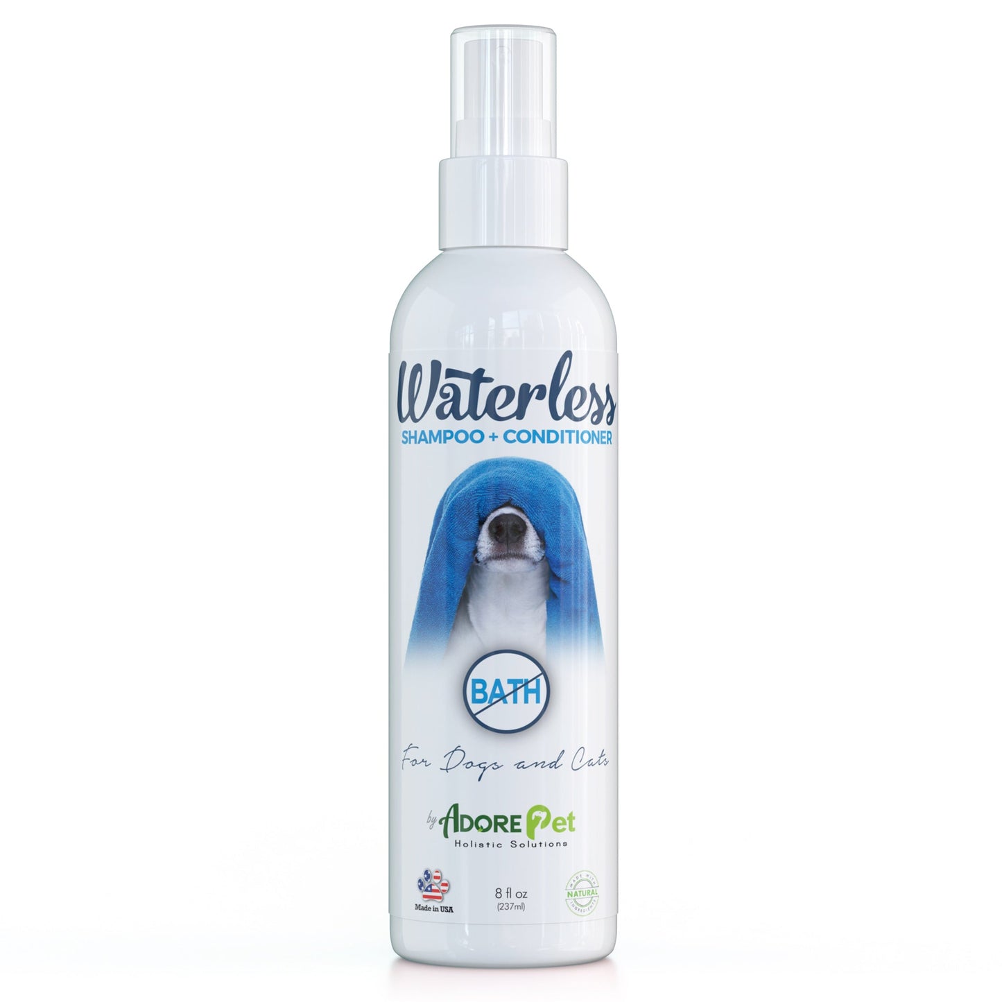 Adore Pet waterless shampoo and conditioner for pets, featuring a bottle with pump dispenser and pet grooming essentials.