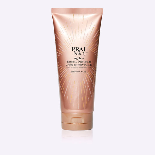 PRAI Beauty Ageless Throat & Decolletage Creme Intensive Gold+ in a 200ml jar, shown with starburst and lilac background.