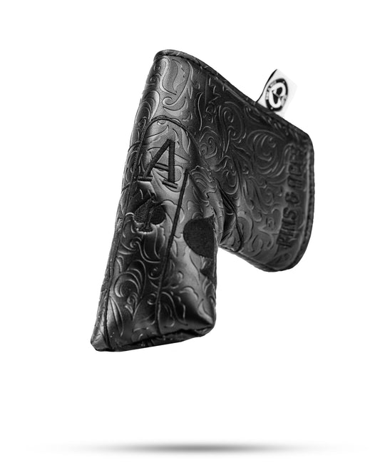 Blackout Ace of Spades Blade Putter Cover by Pins and Aces, all-black headcover with spade design for golf clubs.