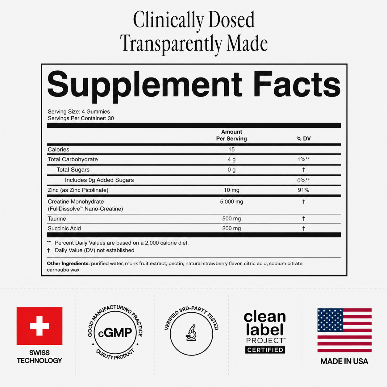 Arq8™ Creatine Monohydrate Gummies supplement facts label showing ingredients and nutritional information.