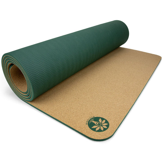Yoloha Yoga Aura cork yoga mat with textured surface, eco-friendly cork material, and non-slip grip for yoga and Pilates practice.