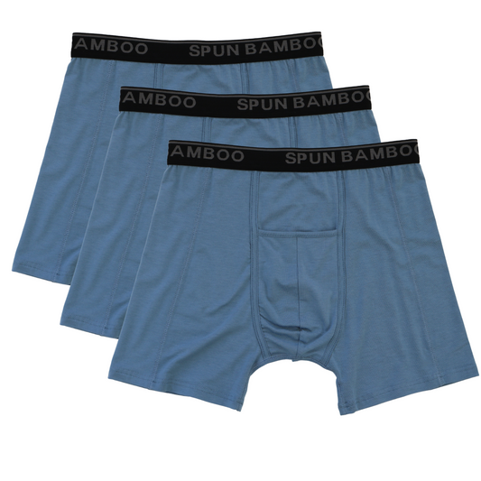 Men's bamboo viscose boxer briefs underwear in steel blue, 3-pack from Spun Bamboo, featuring comfortable fit and soft fabric.