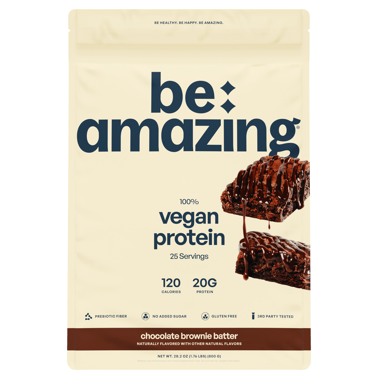 Be Amazing vegan protein powder in chocolate brownie flavor with a creamy batter texture and rich chocolate color.