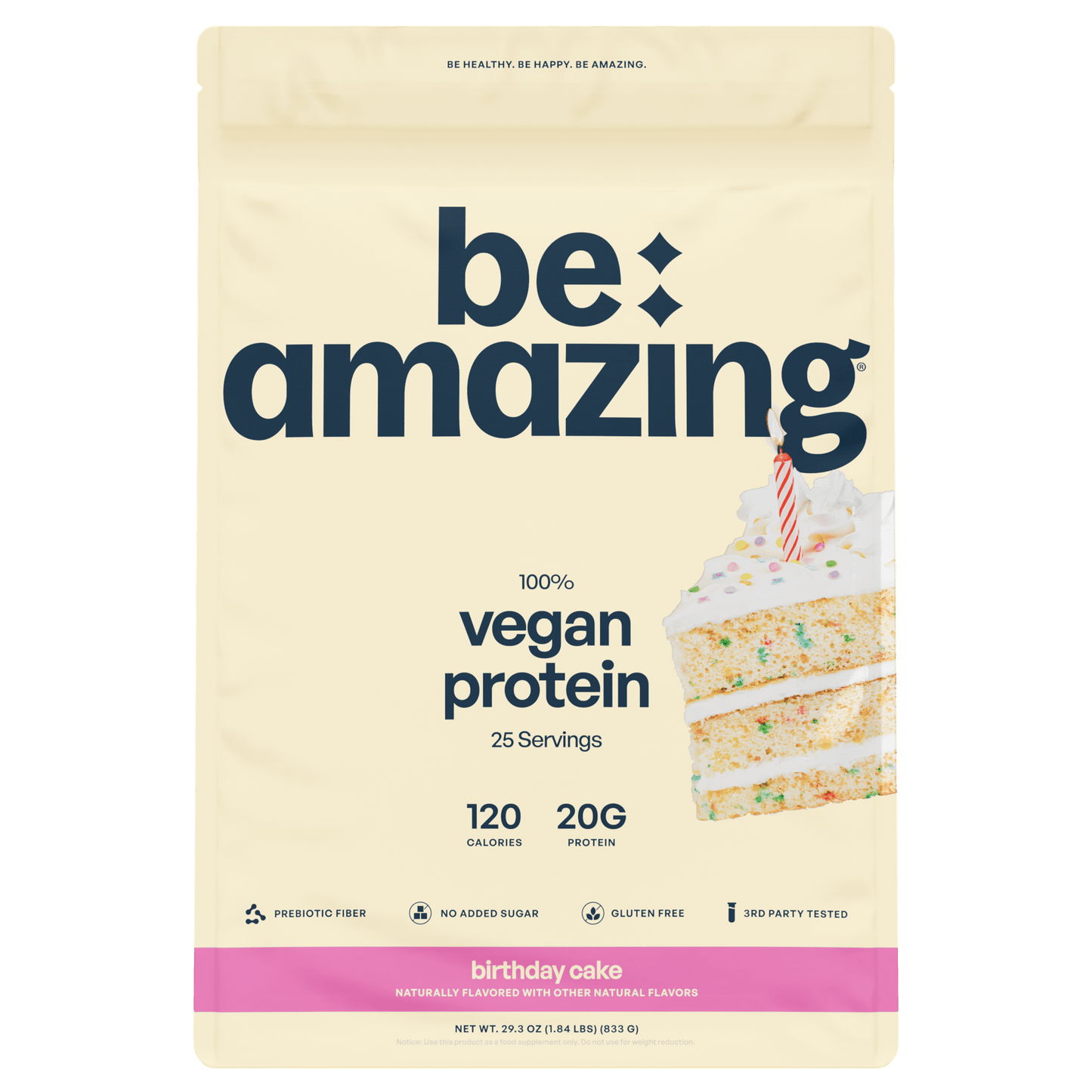 Be Amazing vegan protein powder in birthday cake flavor, featuring a colorful container with protein scoops and birthday-themed design.