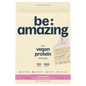 Be Amazing vegan protein powder in birthday cake flavor, featuring a colorful container with protein scoops and birthday-themed design.