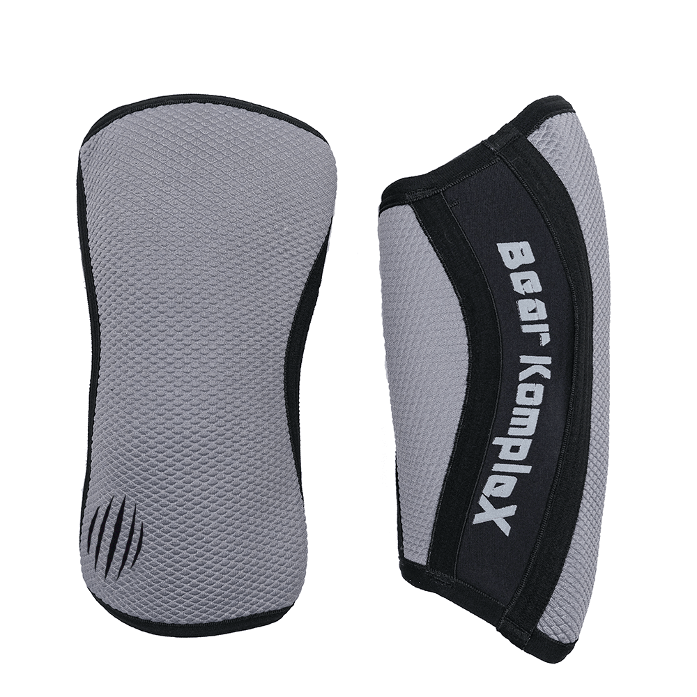 Grey Sharkskin Bear KompleX Knee Sleeves for support and compression during weightlifting and fitness activities.
