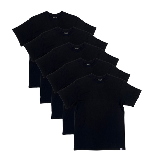Five black men's bamboo viscose and organic cotton short sleeve T-shirts by Spun Bamboo, stacked and folded.