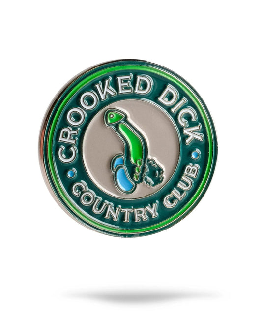 Crooked Dick CC Ball Marker by Pins and Aces featuring a melting smile gopher design on a green shamrock background.